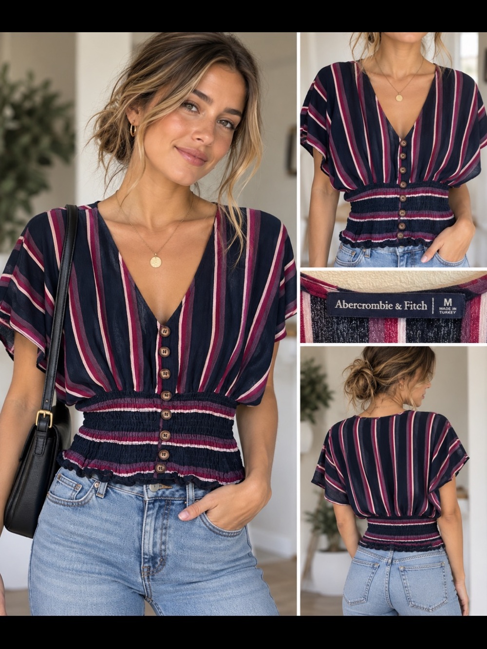 Abercrombie & Fitch Striped Smocked Button Front Crop Top M